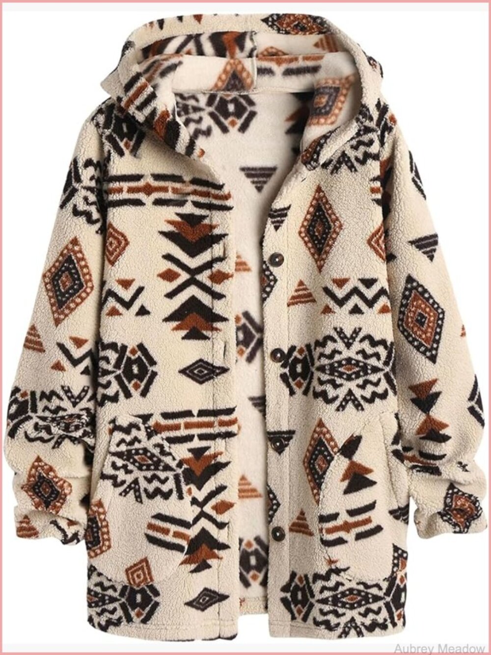 Aztec Print Fleece Hoodie Jacket Button Down Shacket Sherpa Coat with Pockets